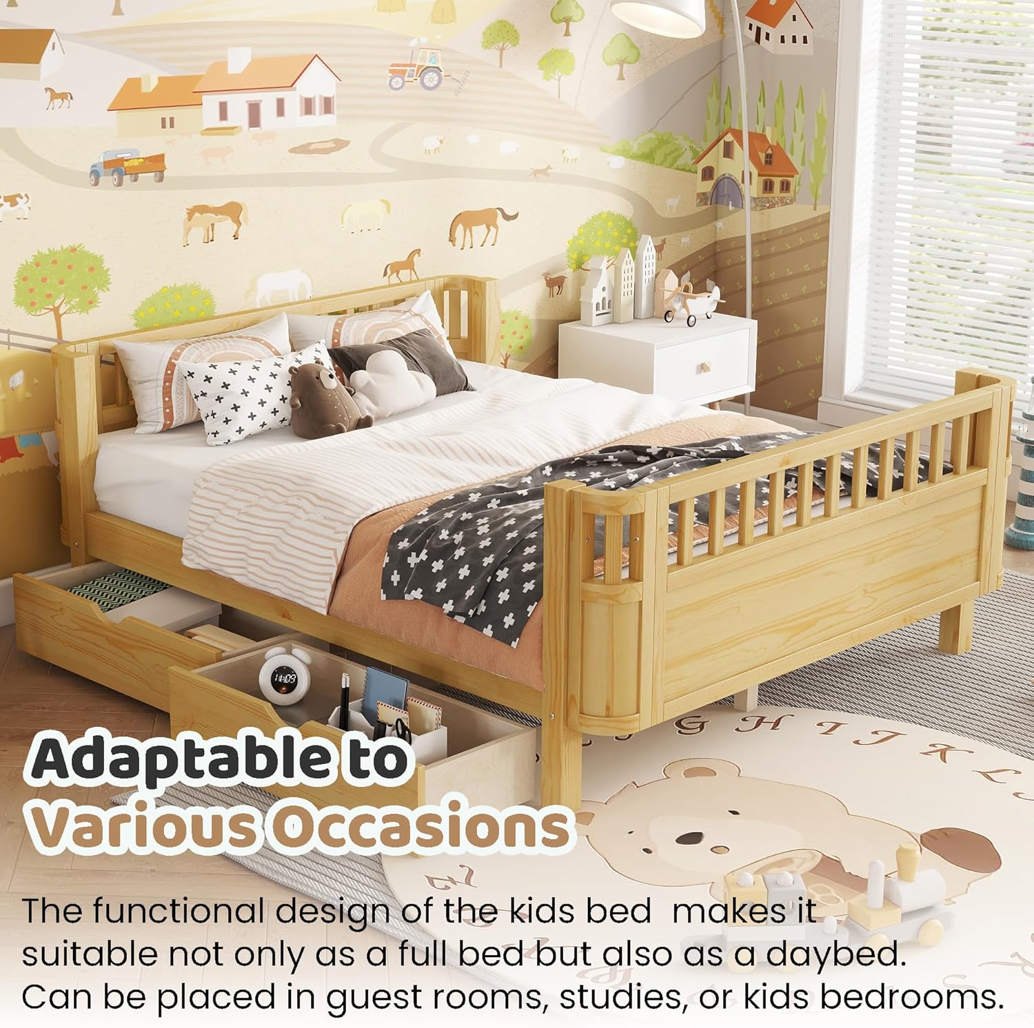 Full Size Kids Bed Frame with Rails, Wood Montessori Bed Full with 2 Storage Drawers &Slats Support, Modern Daybed with Removable Bed Rails for Girls Boys Bedroom Living Room, Natural