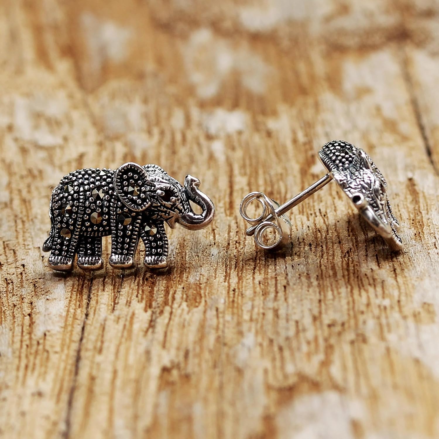 NOVICA Artisan Handmade Garnet Marcasite Button Earrings Elephant from Thailand .925 Sterling Silver Tone Metallic Animal Themed Birthstone 'Glistening Elephants'
