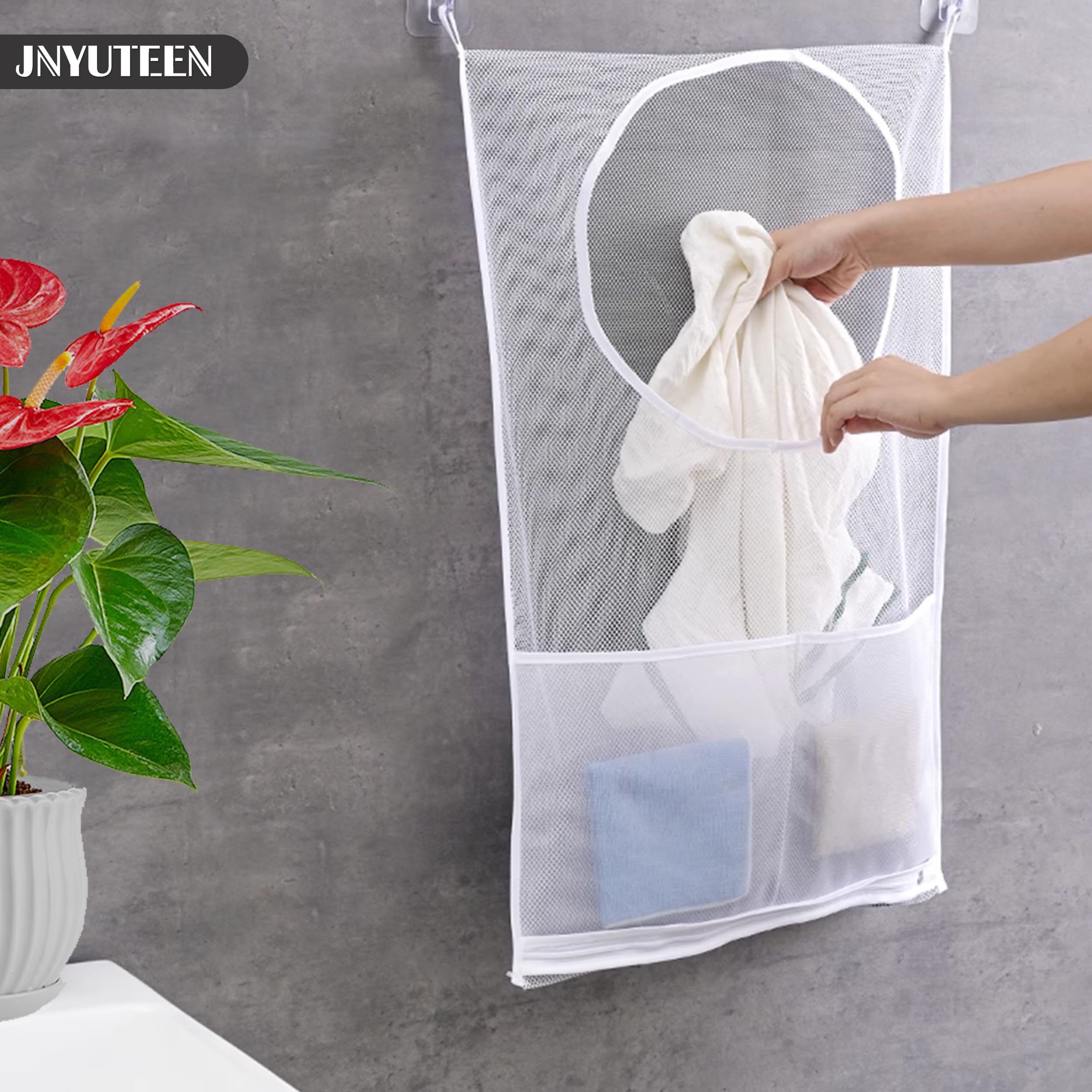 2 Stück Wäschesack zum Aufhängen, 77,0 x 50,0 cm Wäschekorb Hängend, Wäschekorb Hängender Wäschesack mit Edelstahlhaken und klebriger Haken für Wandschränke Türen Wände Küche, Haushalt & Wohnen