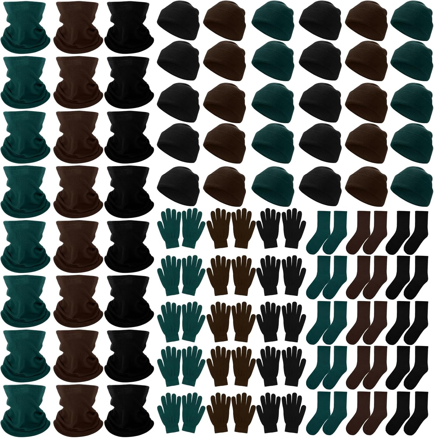 Hillban 96 Pcs Bulk Gloves Beanies Hats Neck Warmers Socks Set for Homeless Winter Donation Charity Care Bundle Pack for Men Black, Brown, Dark Green