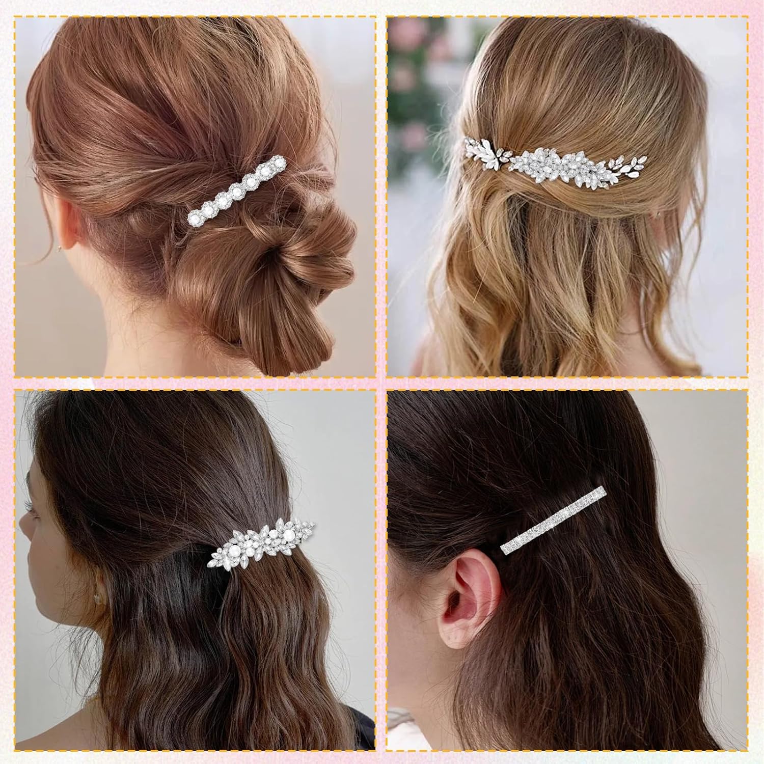 4Pcs Rhinestone Hair Clips, Silver Flower Crystal Pearl Hair Pins Sparkly Diamond Hair Barrettes Decorative Wedding Hair Accessories for Women Bride Bridesmaid - Image 5
