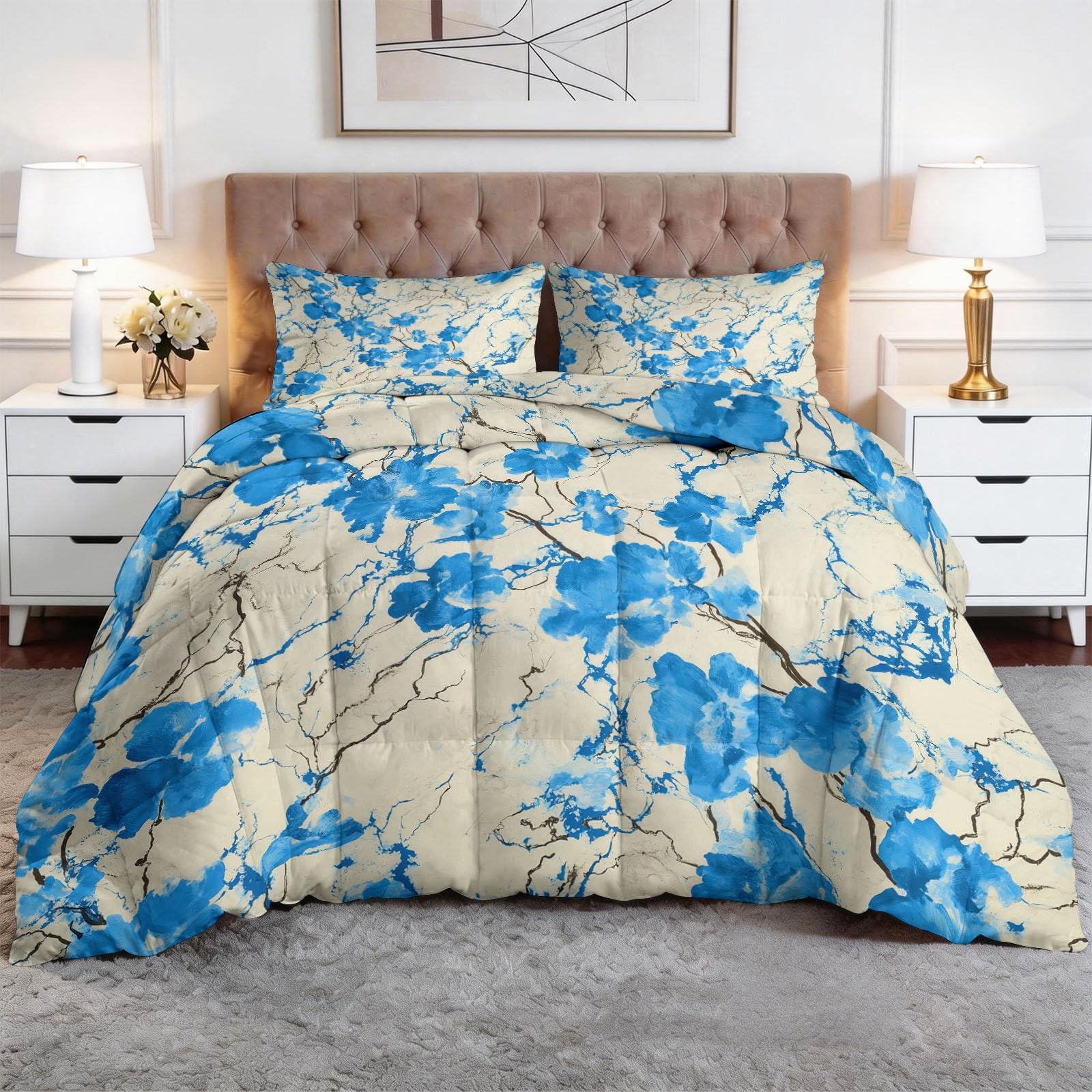 Couette 4 Saisons 220x240 cm, Édredon Réversible Chic Motif Lignes Floral et 2 Taies d'Oreiller