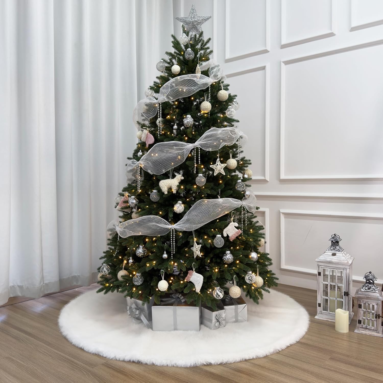 60-Inch Hearthside White Faux Fur Christmas Tree Skirt, Fuzzy Plush Xmas Tree Base Cover Holiday Decoration