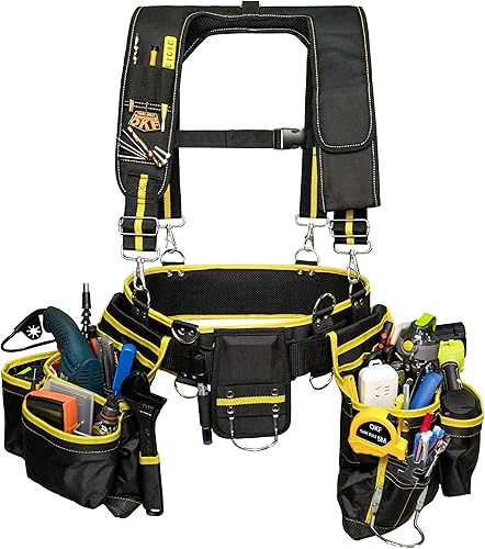 OKF Juego de 6 piezas de cinturón de herramientas resistente con tirantes, almohadilla magnética y bolsa de herramientas de taladro manual para