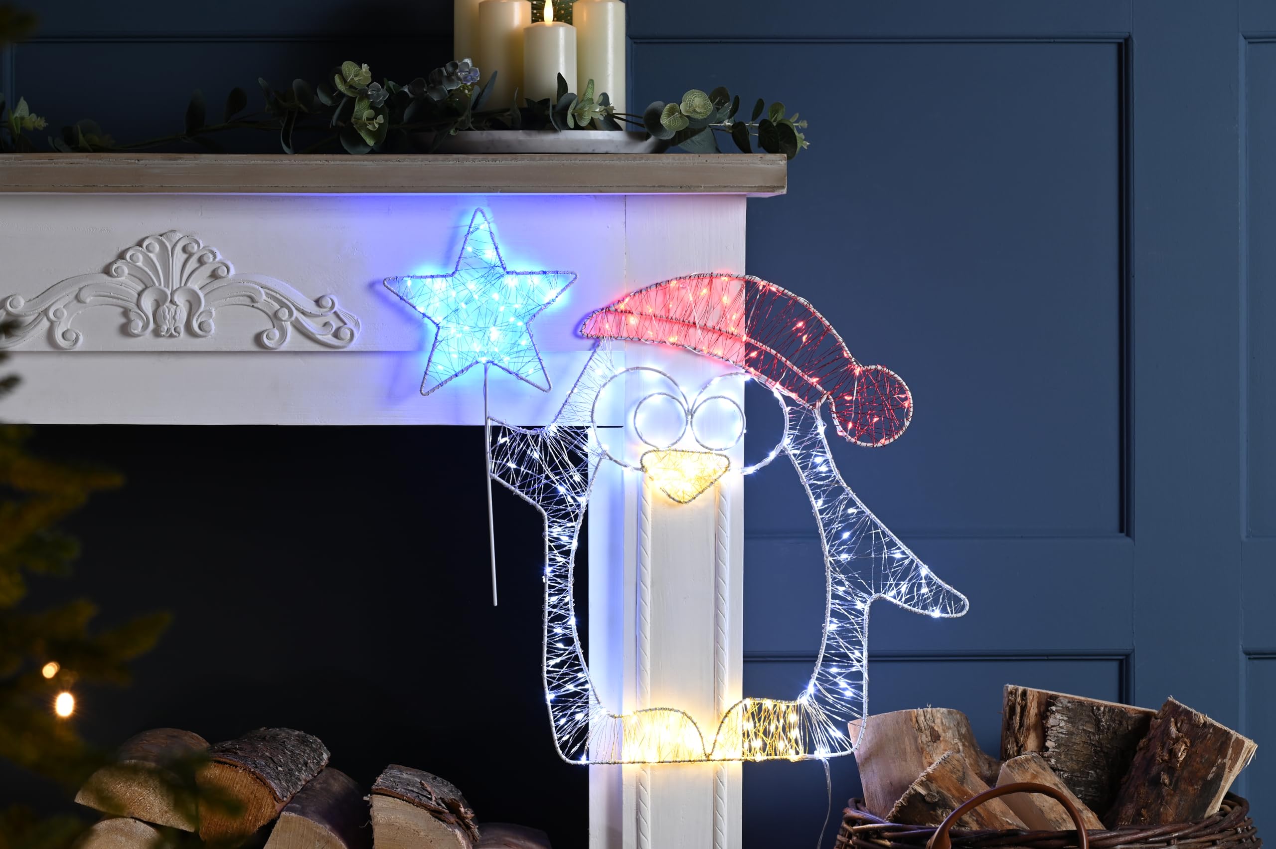Festive Productions Multicolor 53Cm Twinkling Penguin Dewdrop Silhouette – Indoor Outdoor Christmas Light Decoration With 210 Leds – Red, Blue, White & Warm White Festive Penguin Light