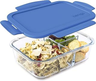 Bentgo Glass Leak-Proof Bento Lunch Box: 3-Compartment Airtight Container, 5-Cup Meal Prep for Adults (Blue)