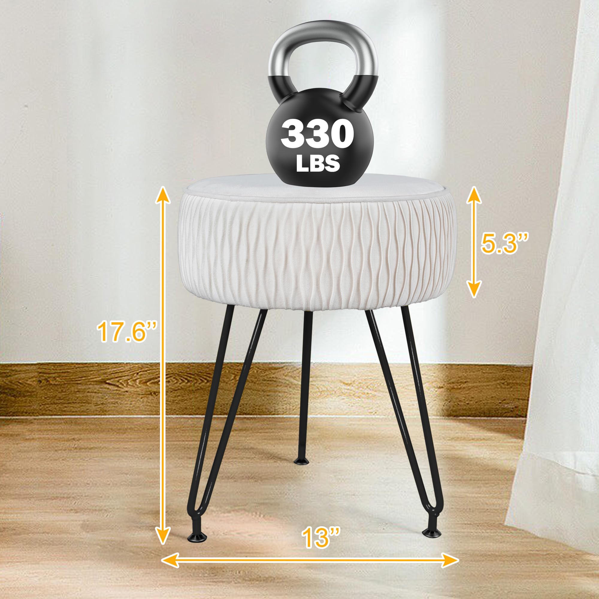 MOOWINDÂ Velvet Vanity Stool Footrests, Round Vanity Stools for Makeup Room, Modern Ottoman Foot Stool with Black Legs, Makeup Stools Dressing Chair Side Table for Bathroom, Living Room, Bedroom, White