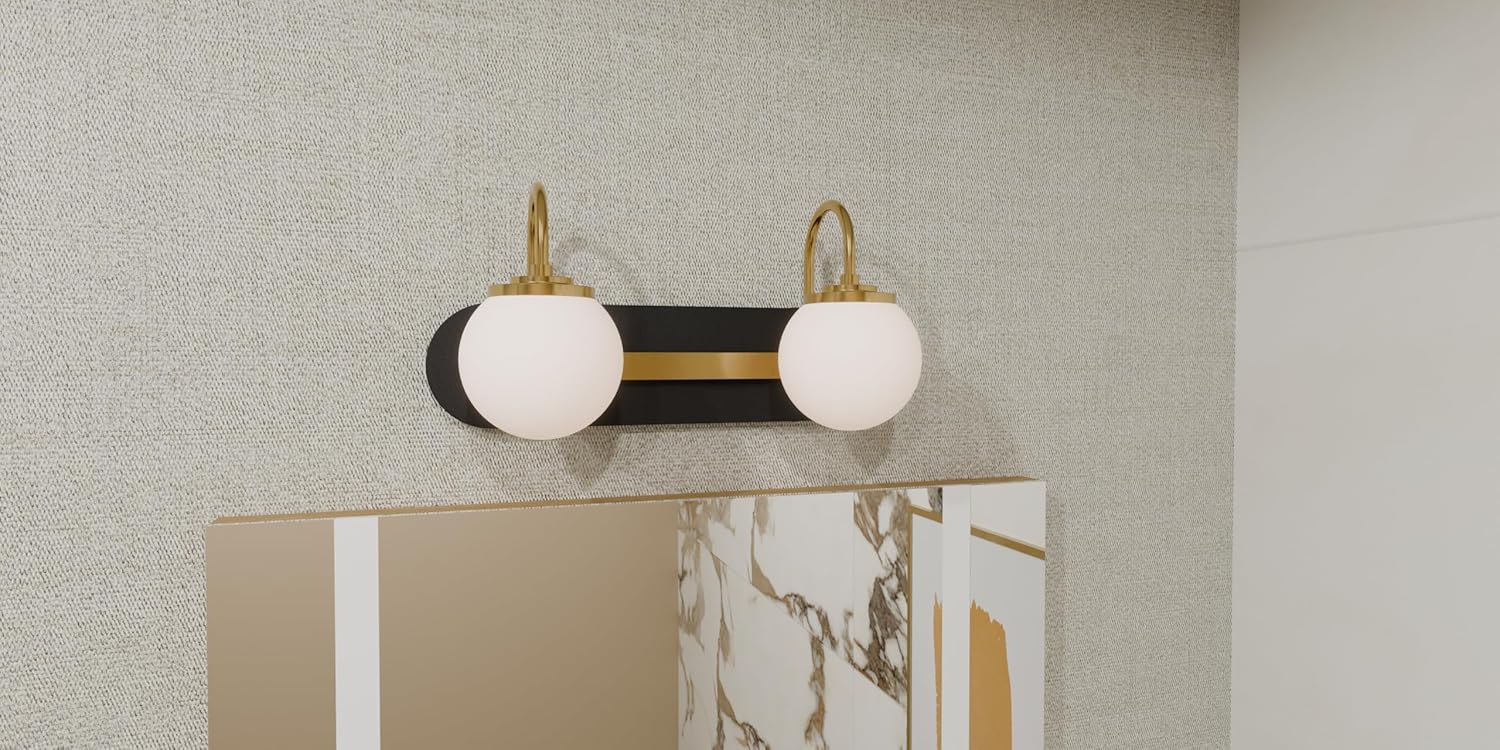 Quoizel Desmond Modern Vanity Light, 18 Inch 2-Light Matte Black Bathroom Lighting Fixtures Over Mirror, Opal Etched Glass Globes with Gold Accents, Wall Mount Light for Bathroom, Dresser or Sink