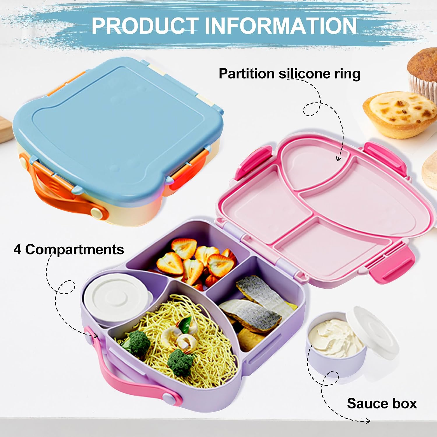Kids Bento Lunch Box, Toast Shaped 4-Compartment 31OZ Container with Sauce Cup & Utensils (Ages 3+) Leak-Proof, Drop-Proof, Dishwasher Safe | BPA-Free Reusable Lunch Box for School, Travel | Blue image 3