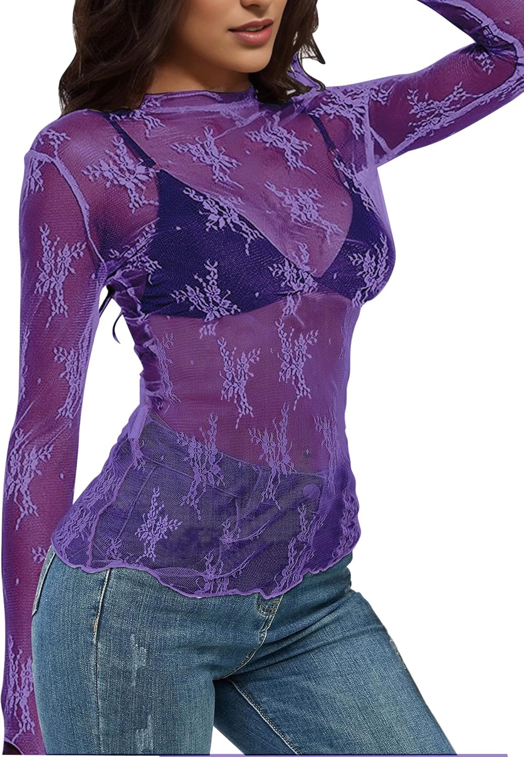 Buauty Mesh Long Sleeve Top for Women, Lace Sheer Tops See Through Mock Neck Floral Embroidery Sheer Blouce Fishnet Shirt - Image 2