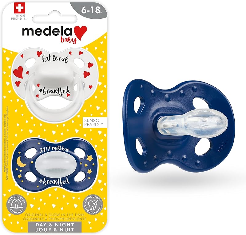 Chupete para bebé Medela | El día y la noche brillan en la oscuridad | 6-18 meses | 2 unidades, ligero | Sin BPA | Apoya la lactancia natural | Coma local y barra de leche las 24 horas, los 7 días de la semana
