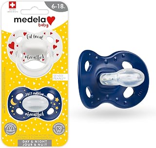 Medela Baby Pacifier | Day and Night Glow in the Dark | 6-18 Months | 2-Pack, Lightweight | BPA-Free | Supports Natural Suckling | Eat Local and 24/7 Milkbar
