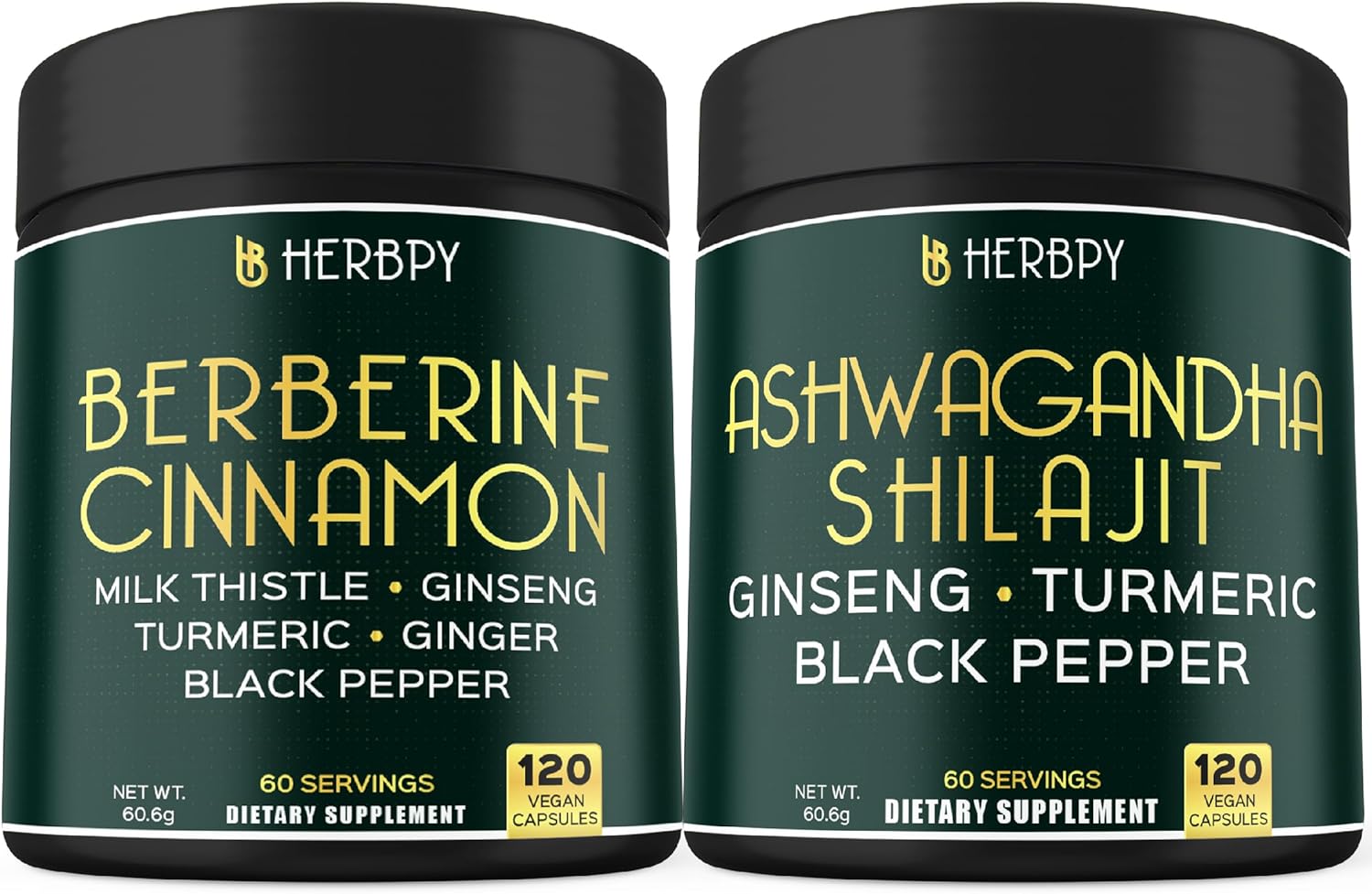 Herbpy Bundle 7in1 Berberine HCl & 5in1 Ashwagandha Shilajit Supplements