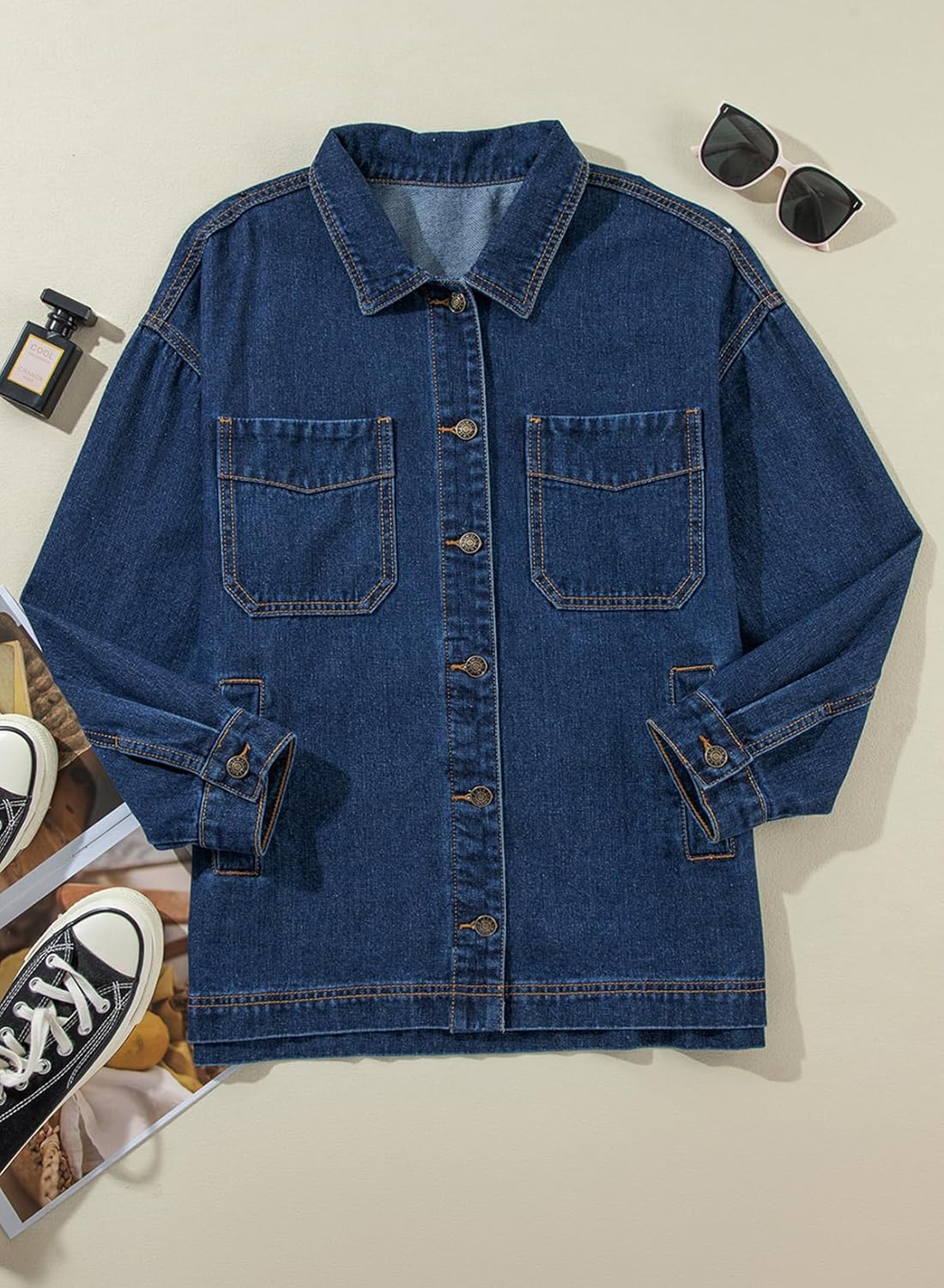 Sidefeel Women's Jean Jacket Oversized Boyfriend Button Up Long Sleeve Split Zimbaplatinum Denim Jackets - Image 4