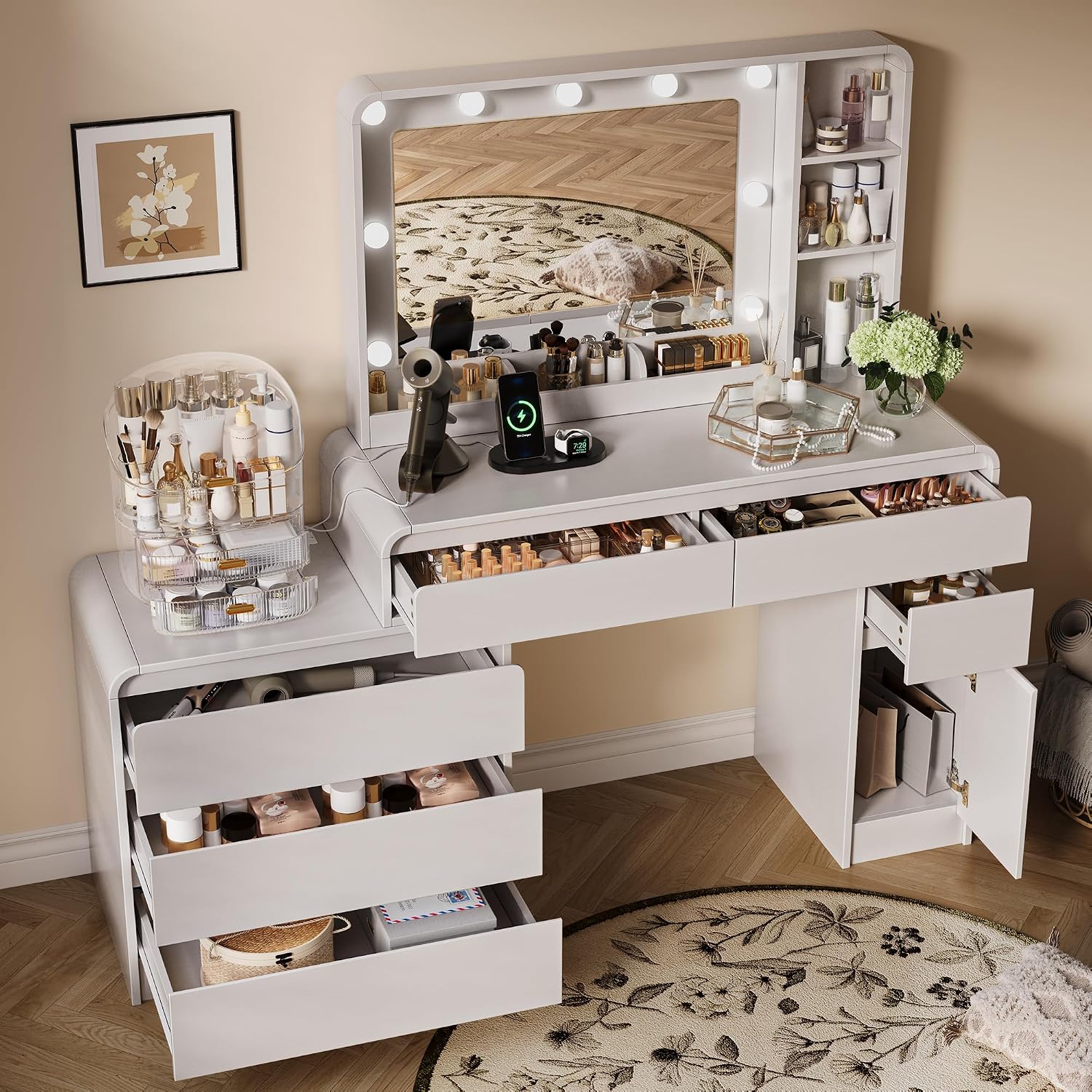 TOKSOM 60 inch White Makeup Vanity Desk with all drawers and cabinet open, showcasing storage capacity.