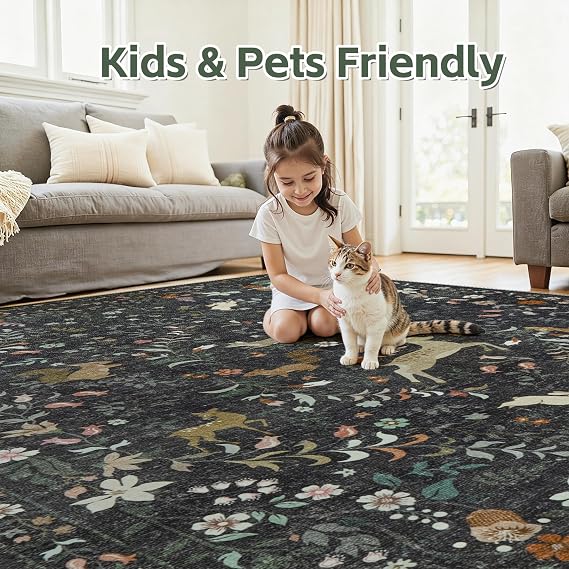 5x7 Area Rugs Boho Floral Washable Living Room Rug Neutral Carpet Nursery