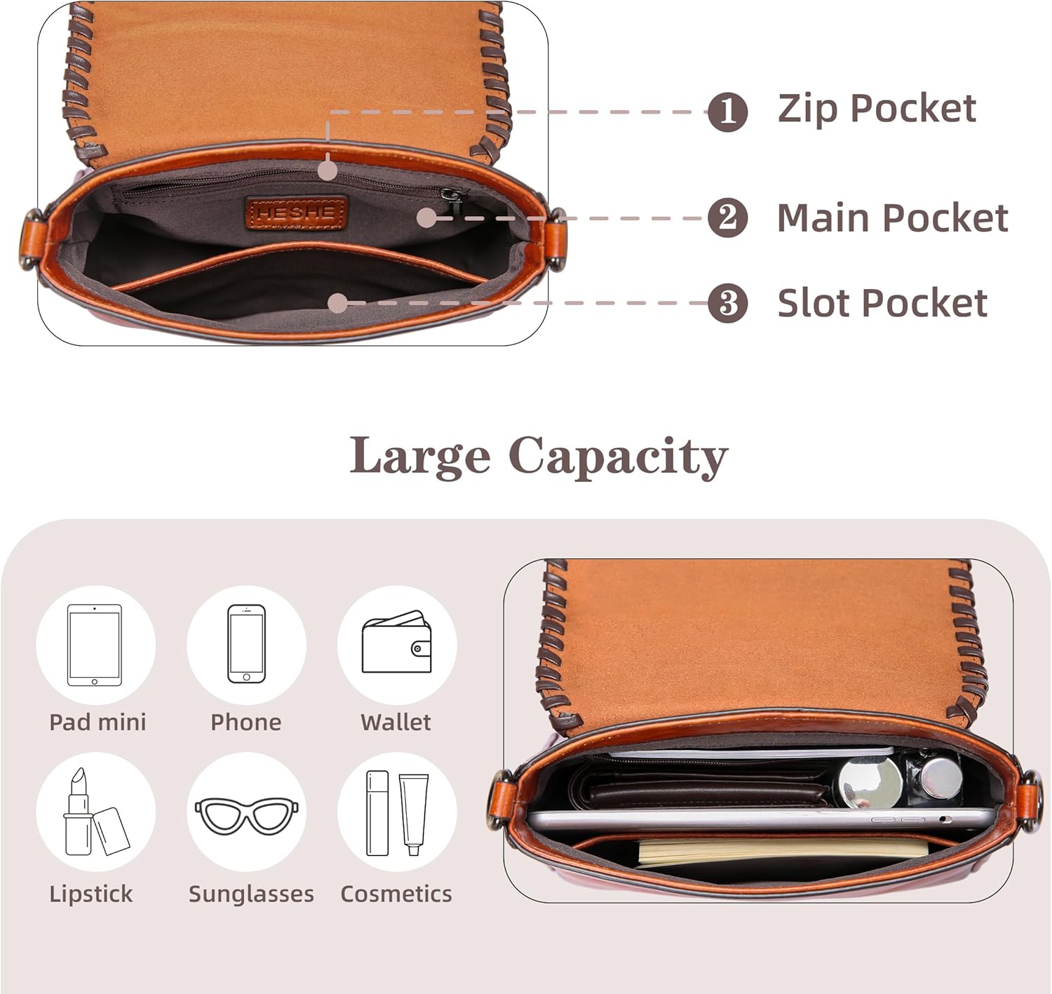 HESHE Genuine Leather Crossbody Bags for Women, Retro Small Shoulder Purses, Designer Handbags with 3 Straps Satchel Purse - Image 5