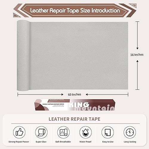Vista 132 de KING MOUNTAIN Cinta de reparación de cuero, 16 x 60 pulgadas, gris, autoadhesiva, impermeable, ecológica
