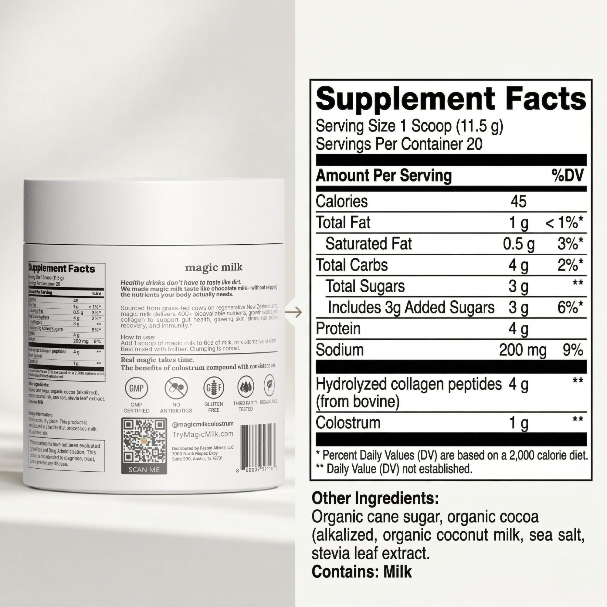 Fasted Athlete - Magic Milk | Colostru, Plus Collagène Peptides | Chocolat au lait | Soutient la santé intestinale, le gonflement, la peau et les cheveux, l'immunité, la récupération musculaire |