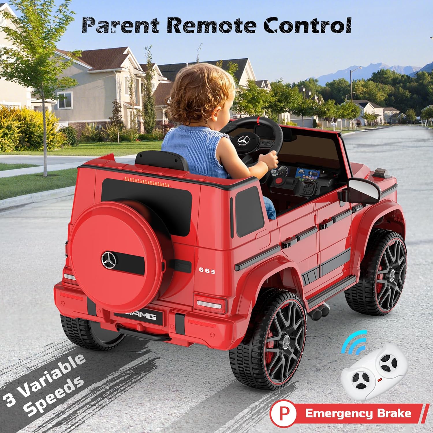 Child driving the ANPABO Mercedes-Benz G63 ride-on car with a parent holding the remote control, highlighting 3 variable speeds and an emergency brake button.