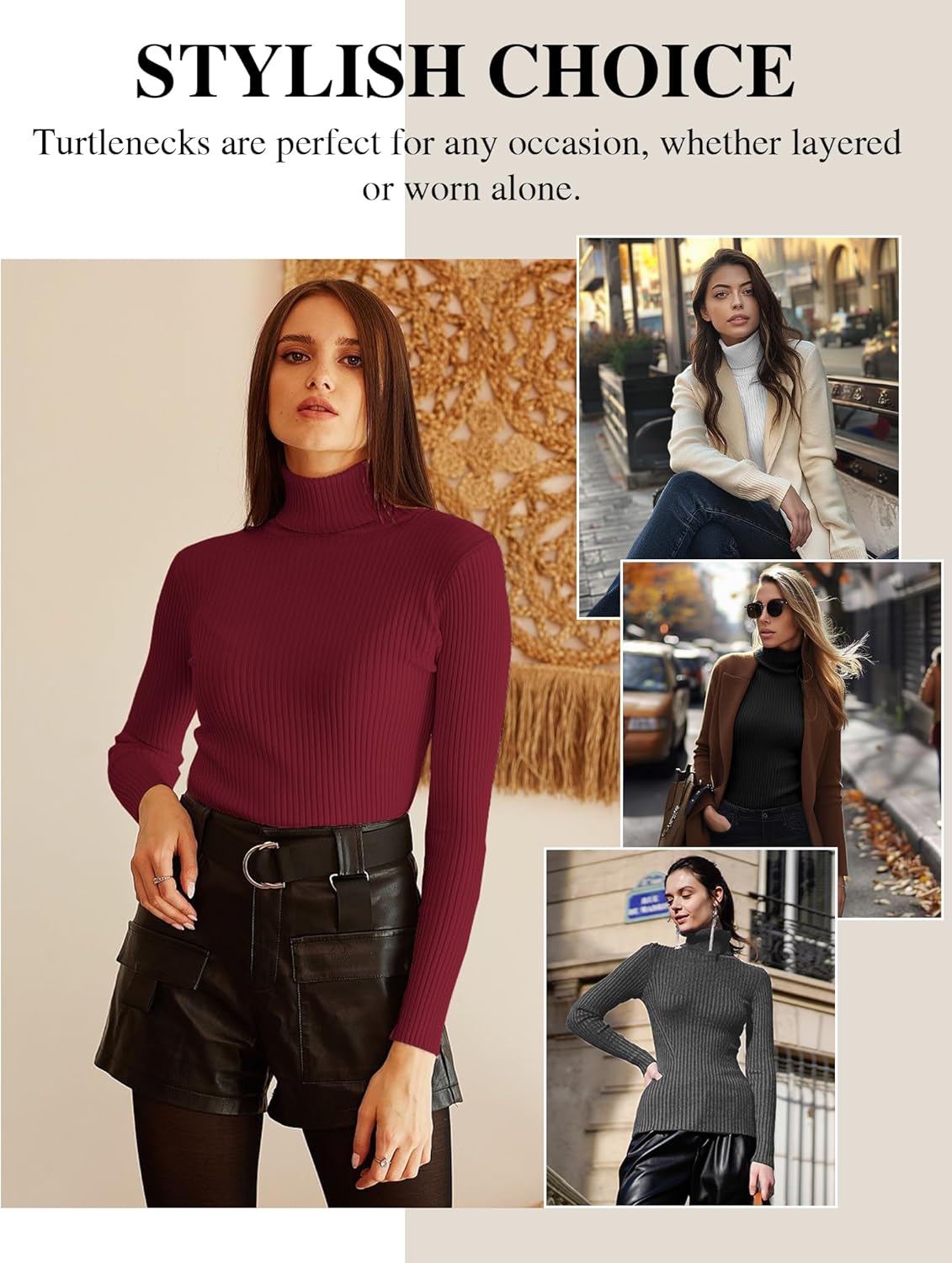 Siimcuzy 1/4 Pack Women's Ribbed Turtleneck Long Sleeve Shirts Basic Tops Fitted Stretch Sweater - Image 6