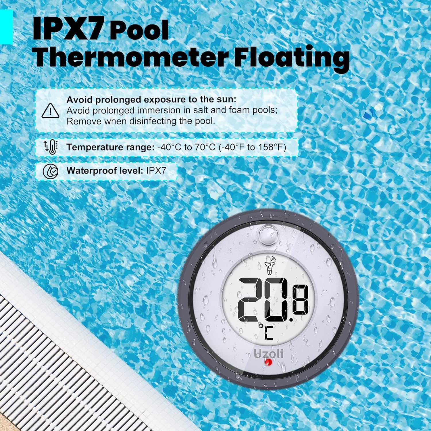 Uzoli Pool Thermometer Floating Easy Read, Wireless Swimming Pool Thermometer with Indoor Humidity Temperature Monitor, Waterproof Digital Sensor for Fish Tank, Hot Tub, Spa