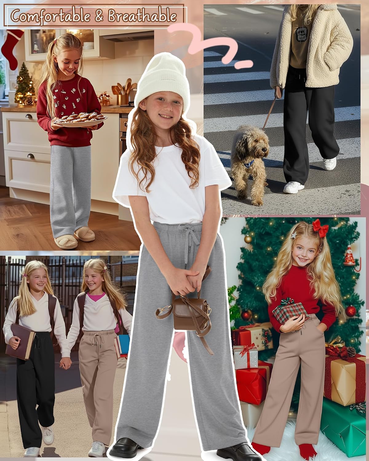 3 Pack Girls' Wide Leg Sweatpants Kids Summer Joggers Drawstring Open Bottom Teens Casual Fall Pants with Pockets