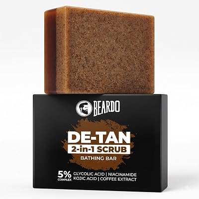 De-Tan 2-in-1 Scrub Bathing Bar for Men,75g | Dual Action Cleansing & Exfoliation | Niacinamide, Kojic Acid, Glycolic Acid & Coffee Extracts | Helps Remove Tan, Dirt & Dead Skin