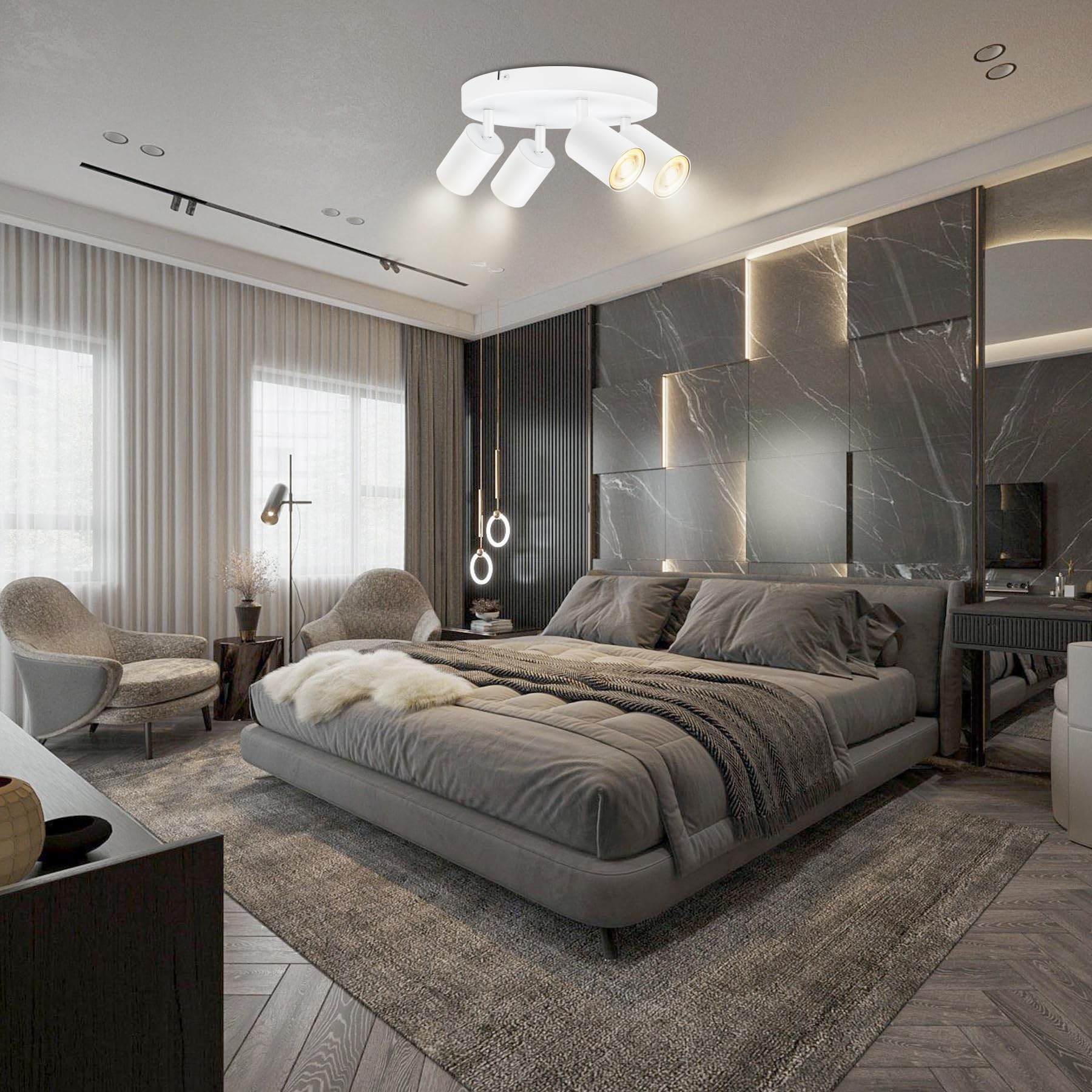 GU10 Lámpara de Techo con 4 Focos, Foco de Techo LED Ajustables y Giratorios, Plafón Moderno Blanco para Salon, Dormitorio, Sin Bombilla