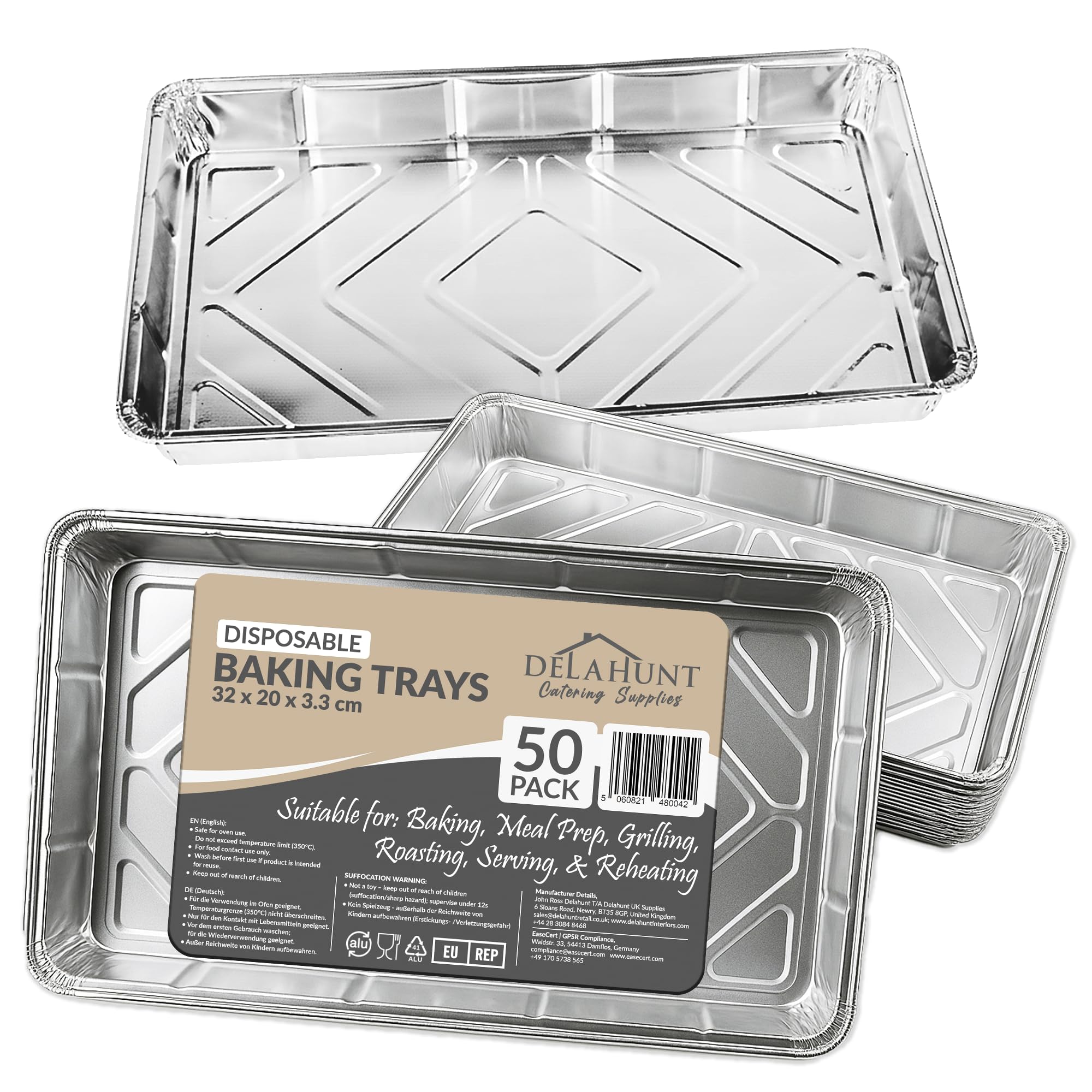 Disposable Aluminium Foil Baking Trays, Tray Bakes, Large Containers for Baking, Roasting, Freezing, Storage, Cooking, BBQs, Brownies | Delahunt Catering Supplies | 32cm x 20cm x 3.3cm (50 Trays)