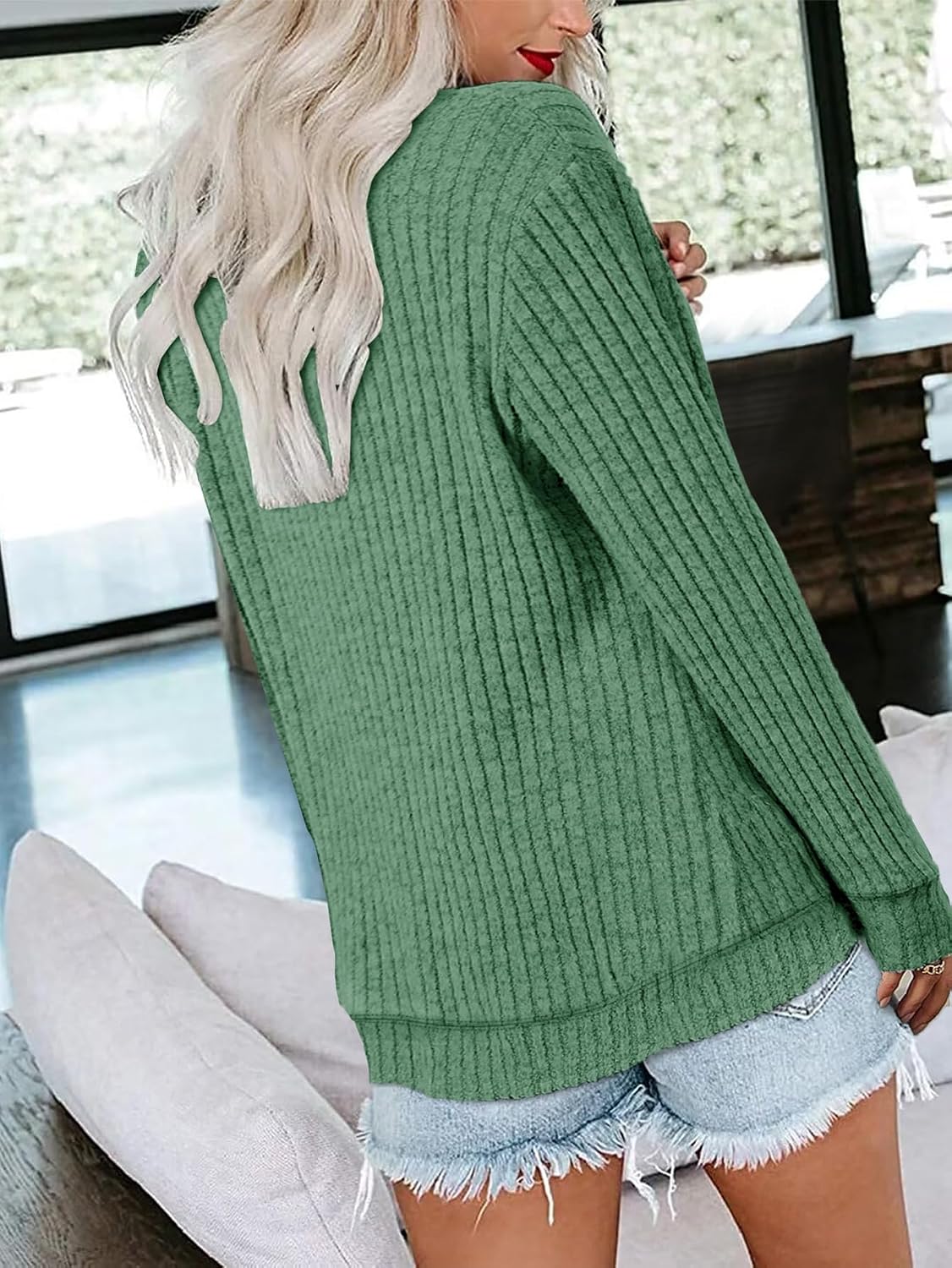 Condition photo showing New/Like New for women ribbed sweatshirt casual crew neck pullover sweatshirt loose soft long sleeve fall winter sweaters 2026 green medium