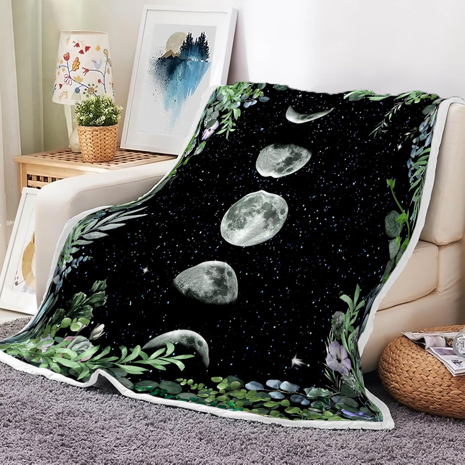 Moonlit Garden Throw Blanket, Galaxy Blankets Printed Moon Phase, Floral Lunar Night Sky Moon Eclipse Blanket, Purple Cozy Witch Blanket for Sofa Bed Couch Chair Dorm Flannel Fleece Camper Throw