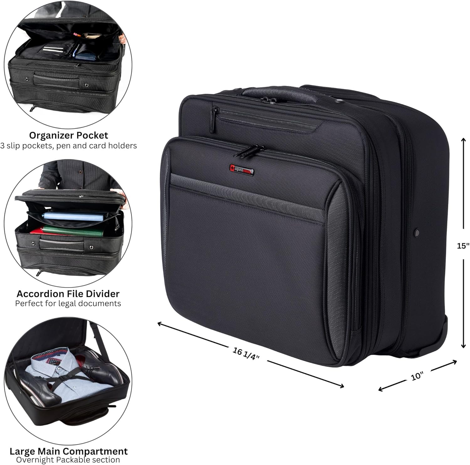 Alpine Swiss Rolling Laptop Briefcase Wheeled Overnight Carry on Bag Up to 15.6 Inches Notebook - Carries Legal Size Files