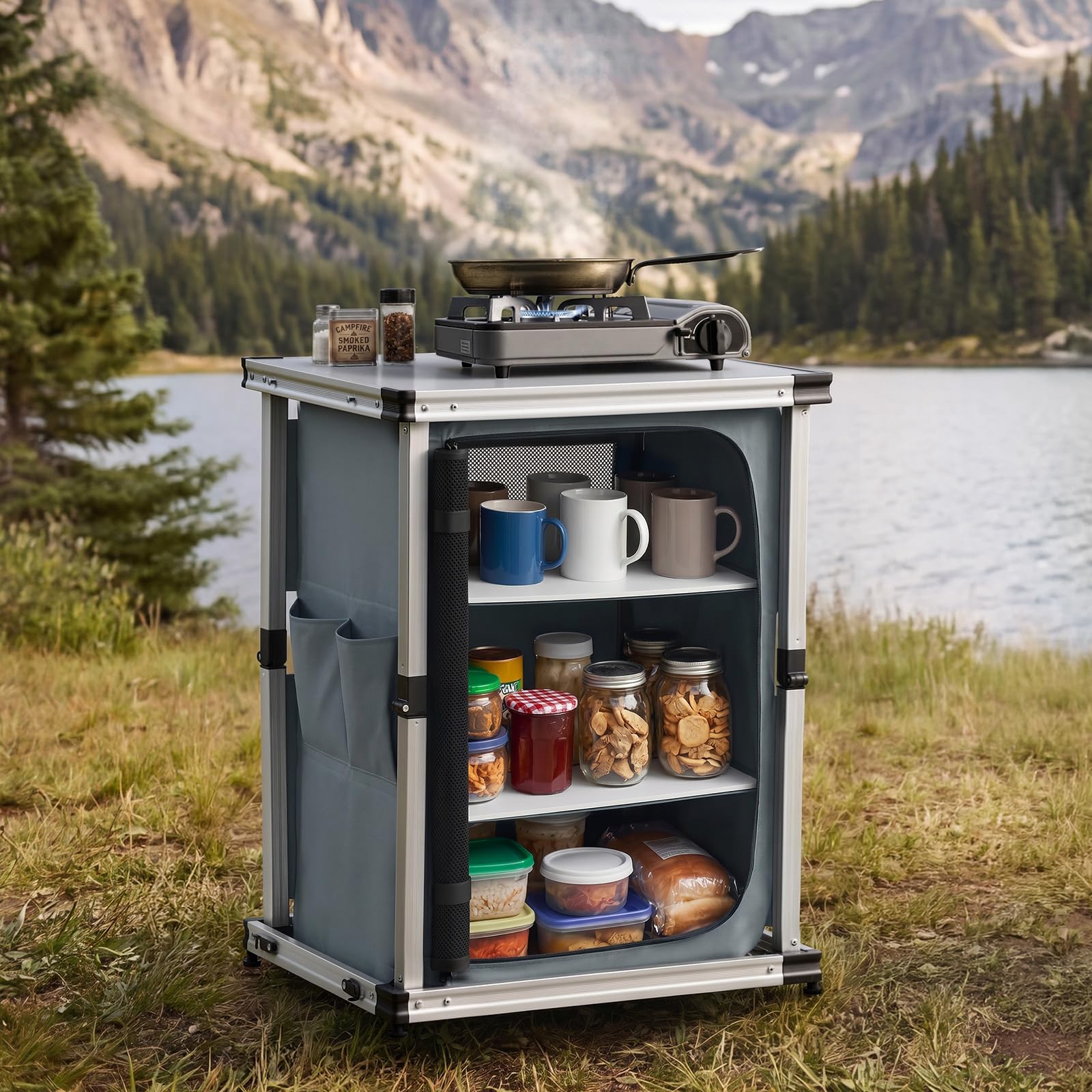 VEVOR Mobiletto da Campeggio Portatile Pieghevole, Cassetto Portatile da Esterno 3 Ripiani Portaoggetti Piano in MDF Carico max 30 kg Postazione Cucina da Picnic Barbecue Feste Viaggio in Camper