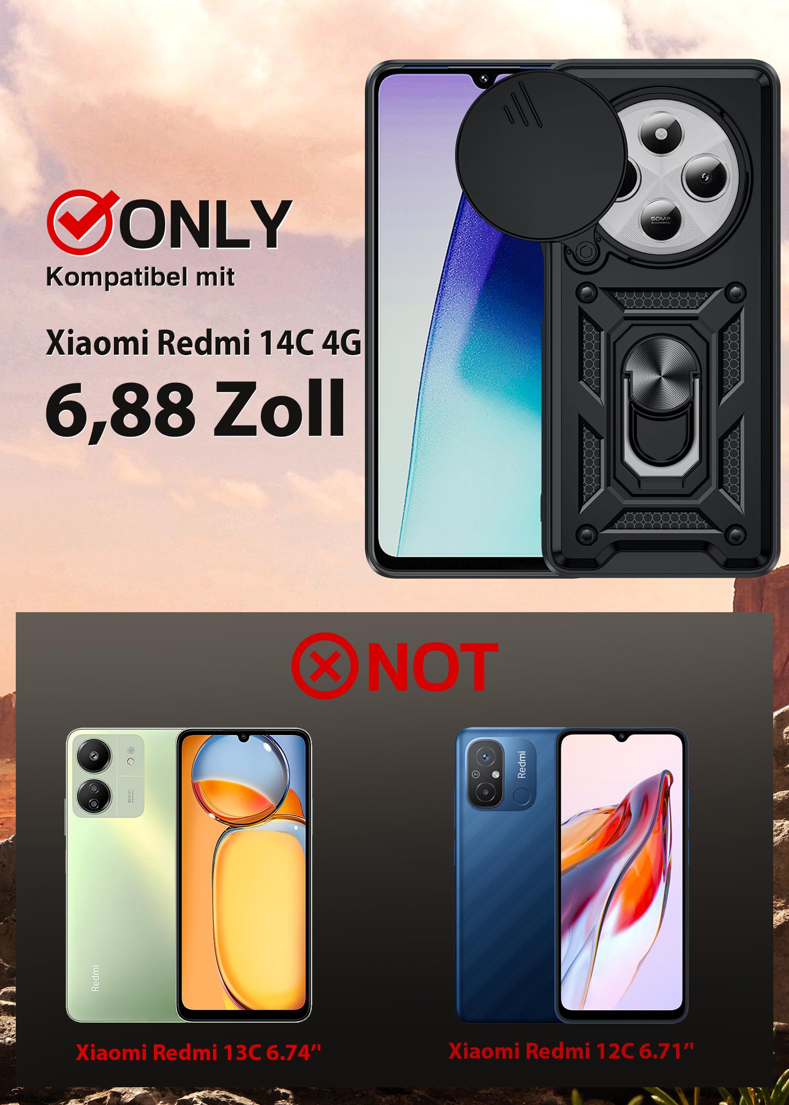 LeYi Etui na telefon komórkowy Xiaomi Redmi 14 C 4G [2 folie ochronne ze szkła hartowanego] ochrona aparatu, hybrydowe etui ochronne, metalowy pierścień, stojak, etui na aparat z przesuwną pokrywą