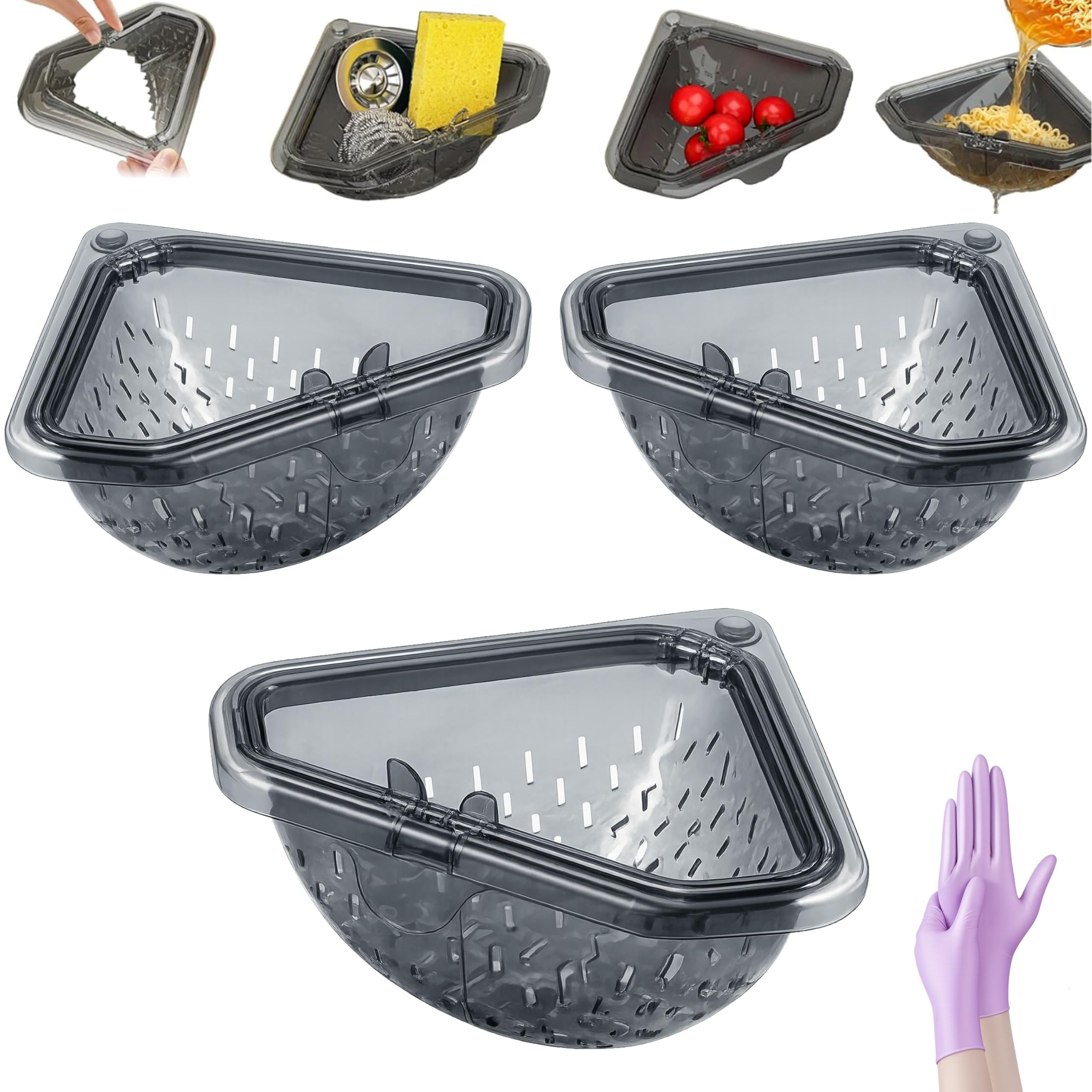 Magnetic Corner Sink Strainer Basket with Twist-Open Bottom, 6.69" Triangular Drain Rack for Food Scraps, Sponge Holder & Quick-Rinse Produce Basket, No-Drill Mount with Adhesive Metal Plate, ABS (1) — view 9