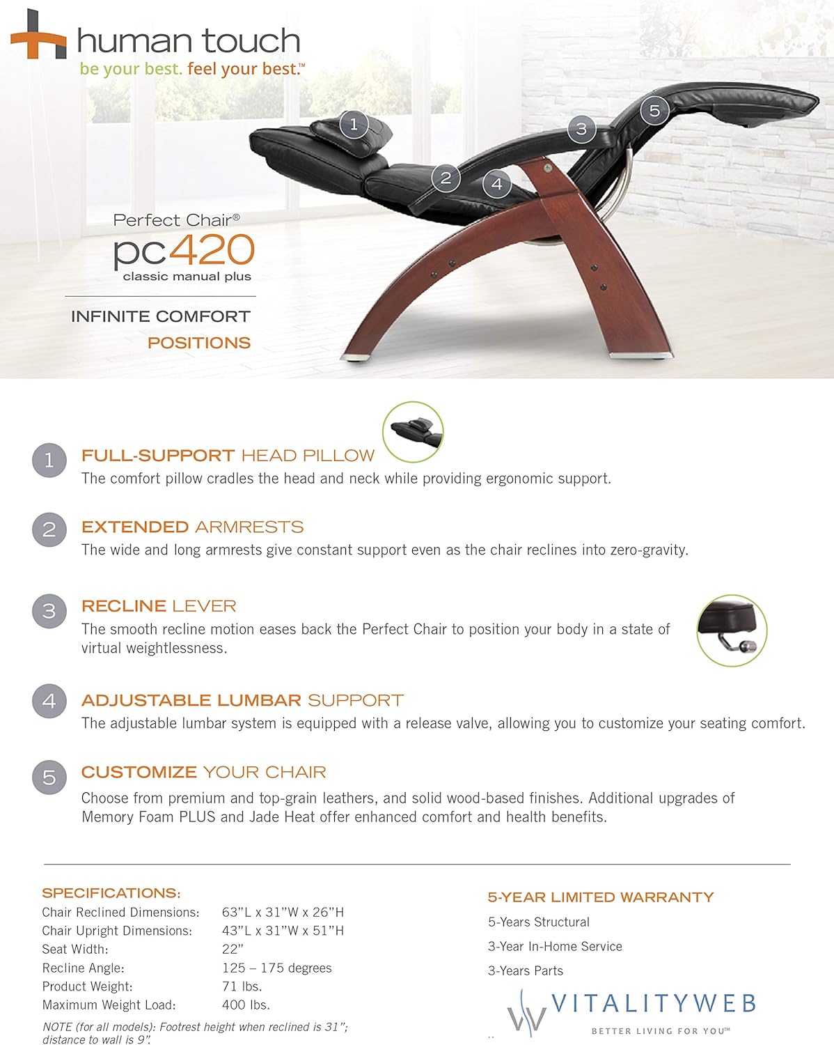 Perfect Chair Human Touch PC-420 Classic Manual Plus Series 2 Walnut Wood Base Zero-Gravity Recliner - Ivory Premium Leather