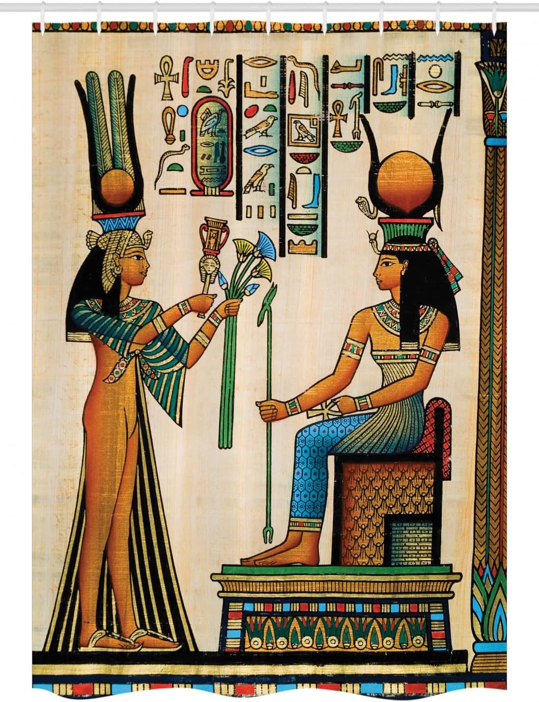 Ambesonne Egyptian Print Stall Shower Curtain, Old Papyrus Depicting Queen Nefertari Historical Empire Art, Fabric Bathroom Decor Set with Hooks, 54" W x 78" L, Burnt Orange Eggshell Green