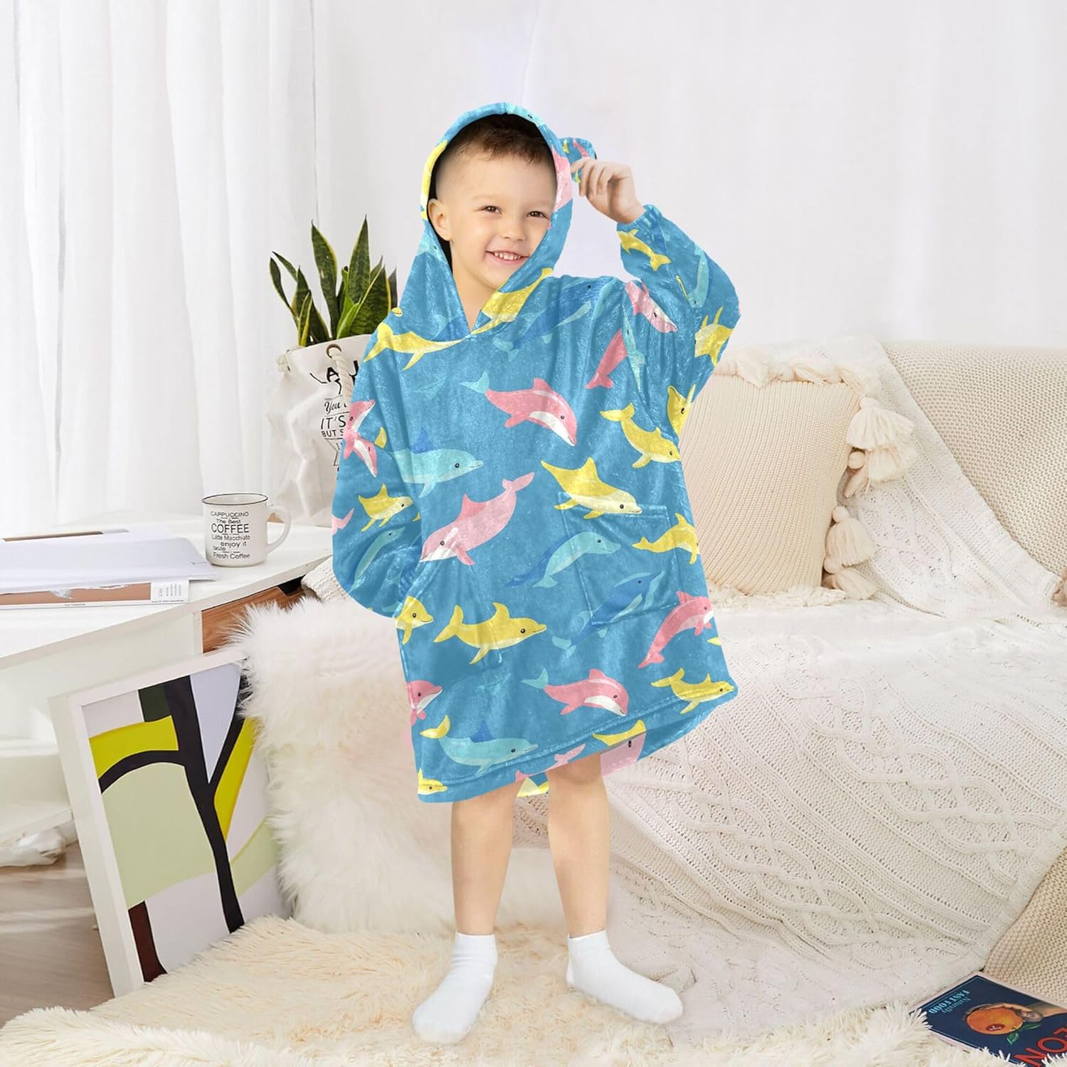Dolphins Animal Kids Wearable Blanket Hoodie with Pocket and Sleeves for Toddlers, Cute Hoodies Girls Boys B0403826