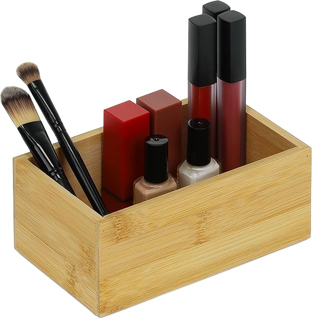 Relaxdays Bamboo Organiser Box, Narrow, Long, Storage for Kitchen, Bathroom, Office, HxWxD: 6.5 x 16.5 x 10 cm, Natural
