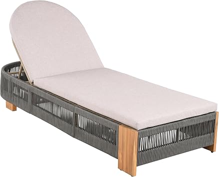 Outdoor Chaise Lounge Set, Patio Chaise Lounge Chairs with Side Table, Teak Chaise Lounge Outdoor with Adjustable Backrest, Teak Faux Wood Side Table and Beige Cushions for Outdoor Use Grey-2pcs