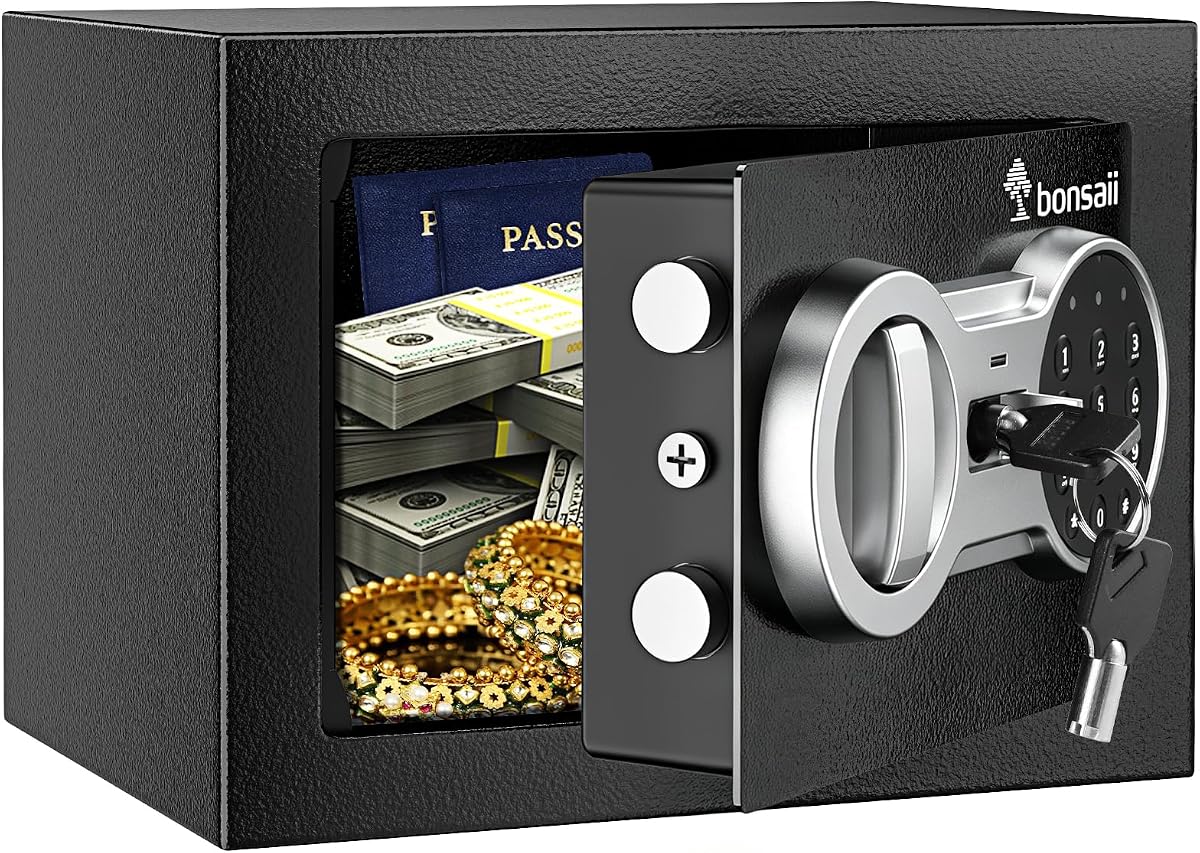 Bonsaii Small Safe Box with Electronic Keypad forValuables, 0.23 Cu.Ft | SPHC steel, 2 reinforcement bolts & hidden hinges, USB-C backup power, 9.06"x6.69"x6.69", fits cash/jewelry/documents