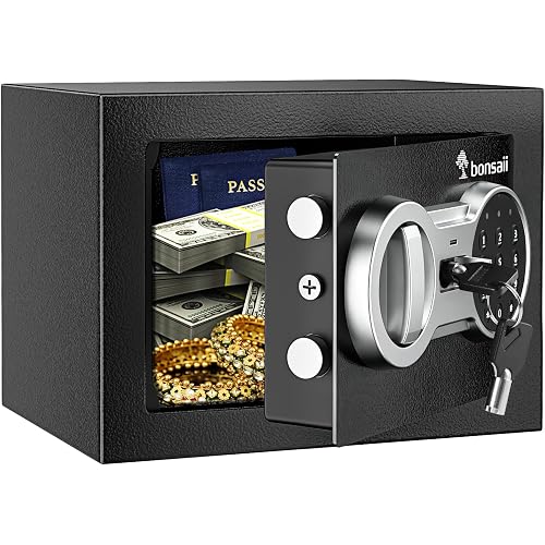 Bonsaii Safe Box with Electronic Keypad, Steel Security Lock Box with Key, 0.23 Cubic Feet, 9.06" W x 6.69" D x 6.69" H, Small Hidden Safe for Cash Jewelry | SPHC steel, 2 reinforcement bolts & hidden hinges, USB-C backup power, 9.06"x6.69"x6.69", fits cash/jewelry/documents