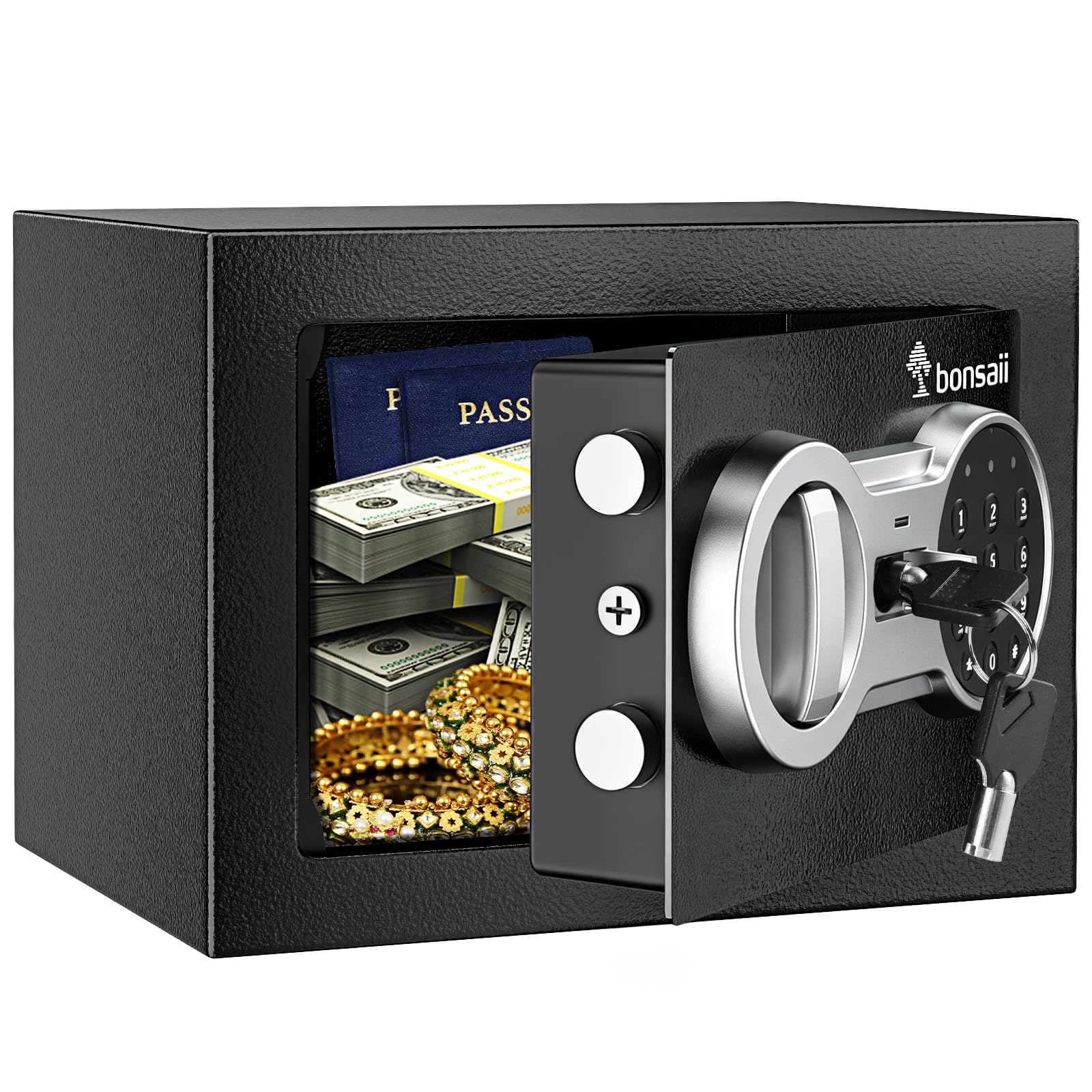 Photo 1 of Bonsaii Safe Box with Electronic Keypad, Steel Security Lock Box with Key, 0.23 Cubic Feet, 9.06" W x 6.69" D x 6.69" H, Small Hidden Safe for Cash Jewelry