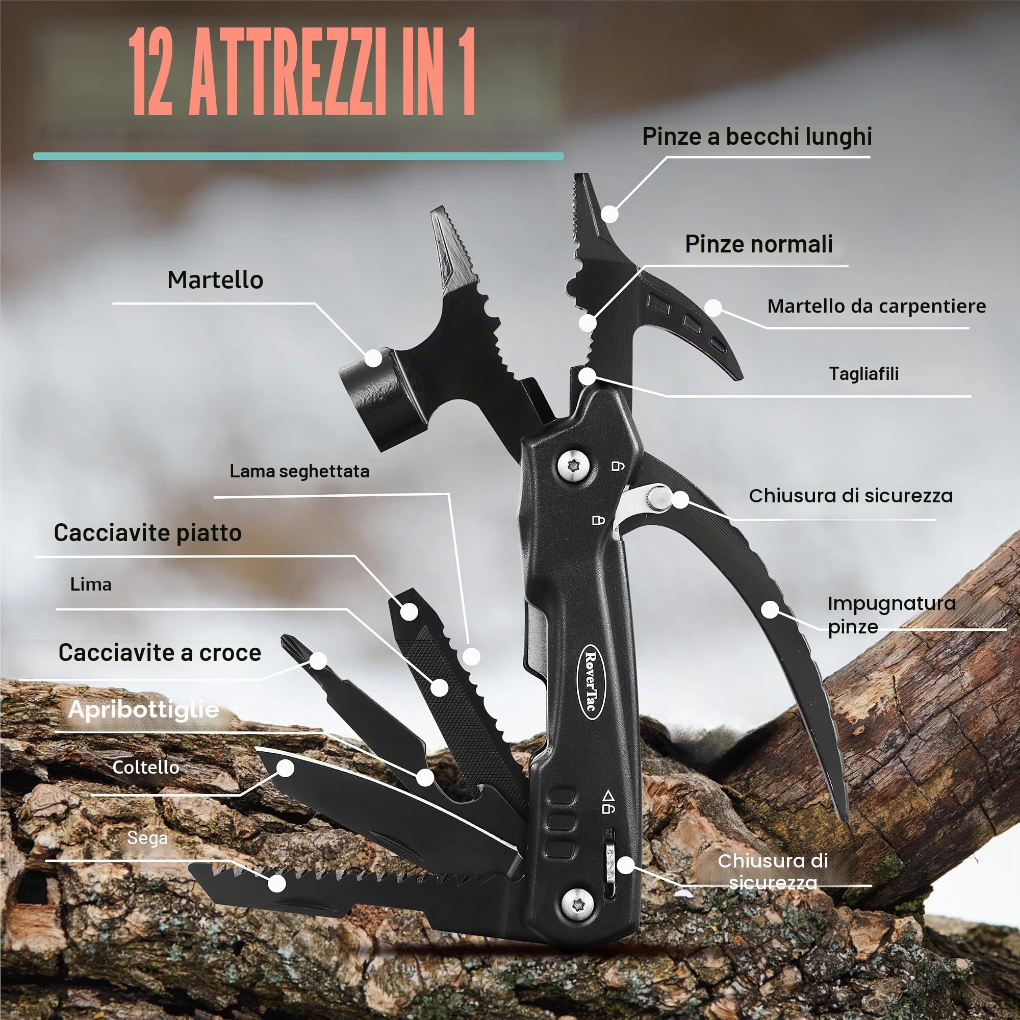 RoverTac Set regalo multiutensili – Martello multiuso 12 in 1, torcia LED, coltello multiuso in confezione regalo “I LOVE YOU” – Regalo utensili per marito, fidanzato, lui, uomini