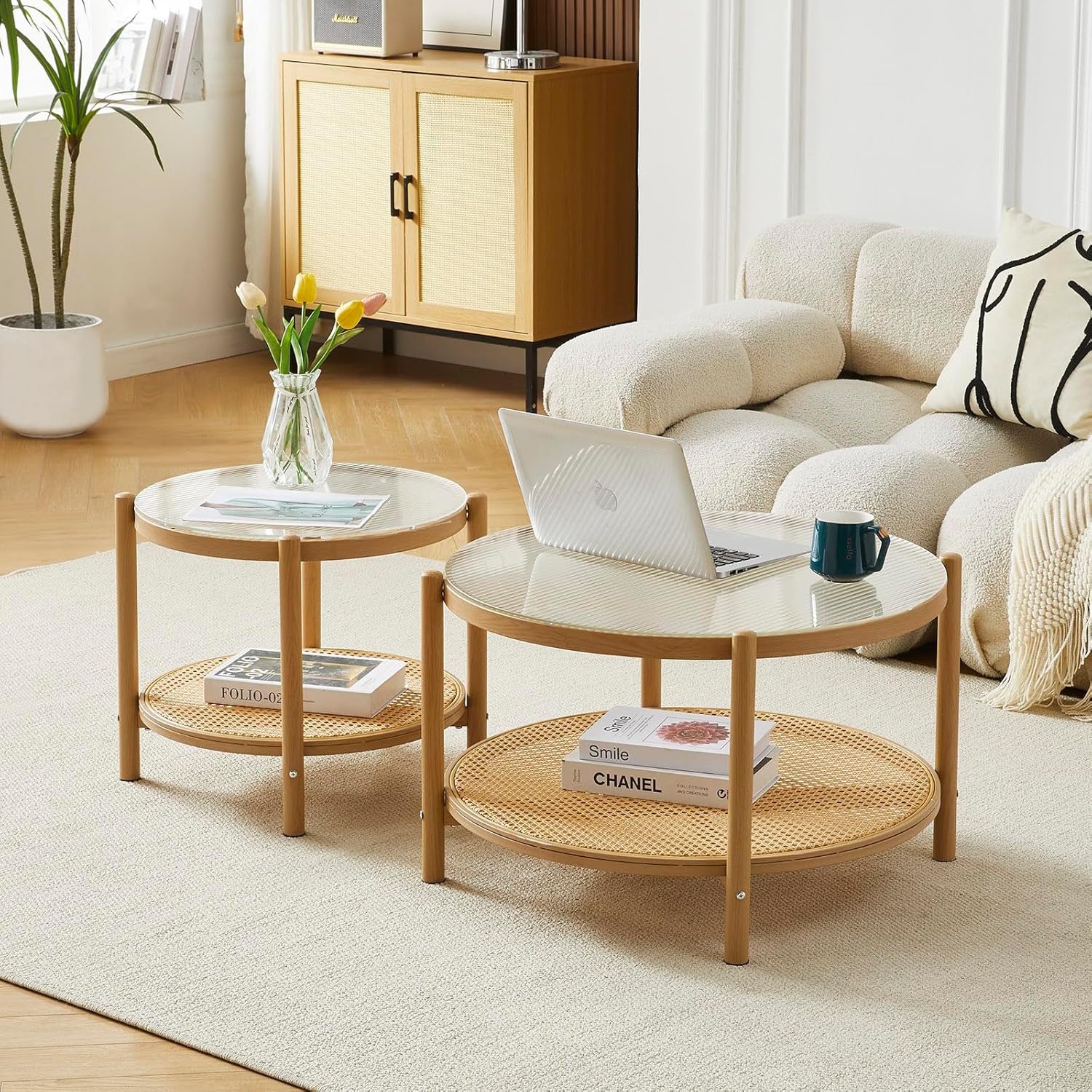 COSVALVE 27.5" Boho Rattan Coffee Table, Round Glass Metal Center Table, Modern Simple 2 Tier Middle Table for Small Space Living Room Bedroom Office Meeting Room
