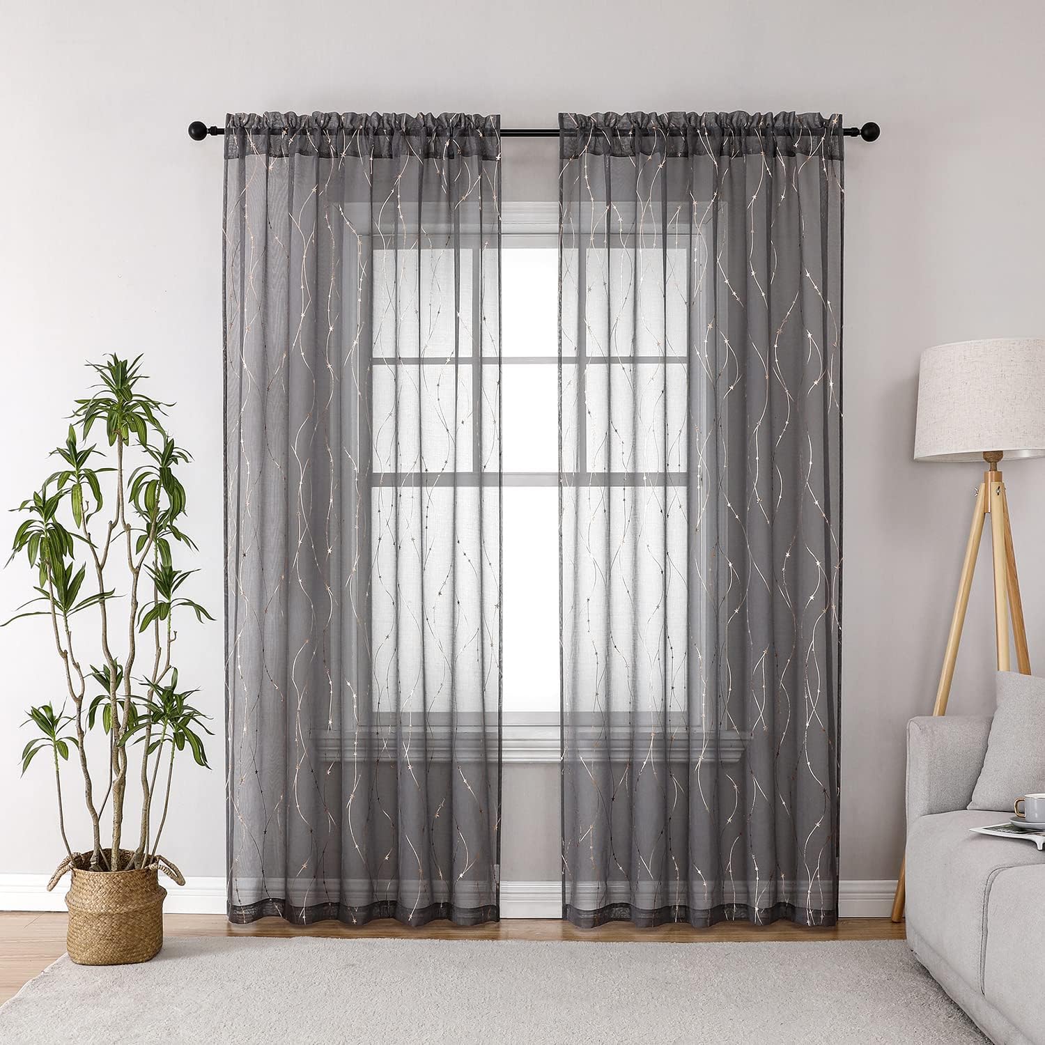 2 SMILE WEAVER Grey Sheer Curtains 84 Inch Long for Living Room,Privacy & Light Filtering Semi Sheer Curtain with Star Print Design,Lightweight Voile Transparent Bedroom Window Drapes,2 Panels