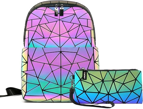 Geometric Womens Backpack Geometries Glow Large Purse Laptop Backpack Geometrical Luminous Laptop Bag Holographic Travel Bags Retro Daypack for Casual, Wrist Purses Set-B