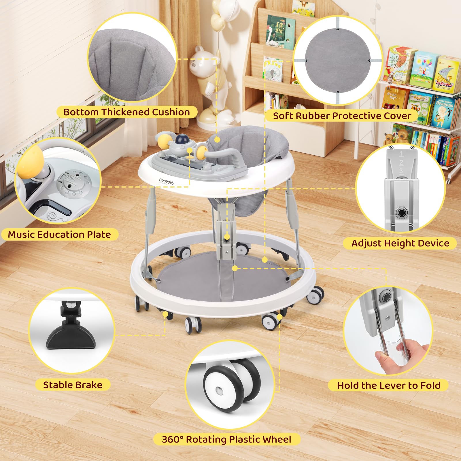 Baby Walker, Foldable Multi-Function Anti-Rollover Walker with Music Tray & Light, 7 Level Height Adjustable, Baby Walkers for 1 Year Olds Suitable for All Terrains (Grey) — view 6