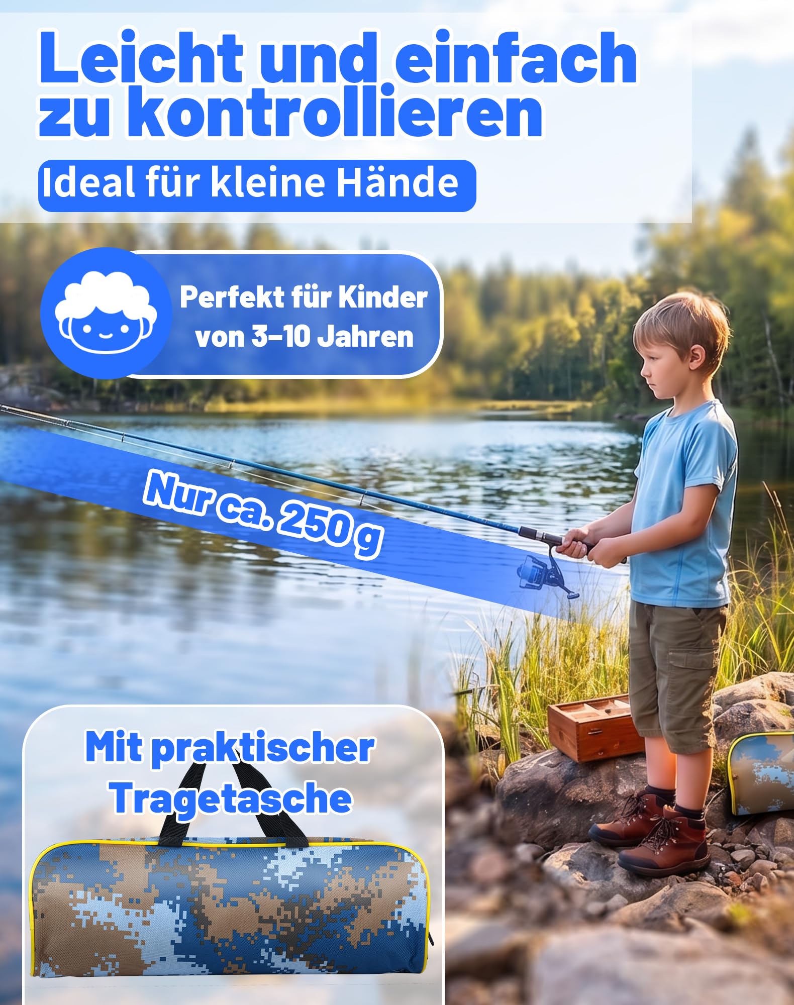 Set de Pêche Enfant 1,8 m – Canne à Pêche Télescopique avec Moulinet, Kit Complet pour Débutants, Sac de Transport Inclus